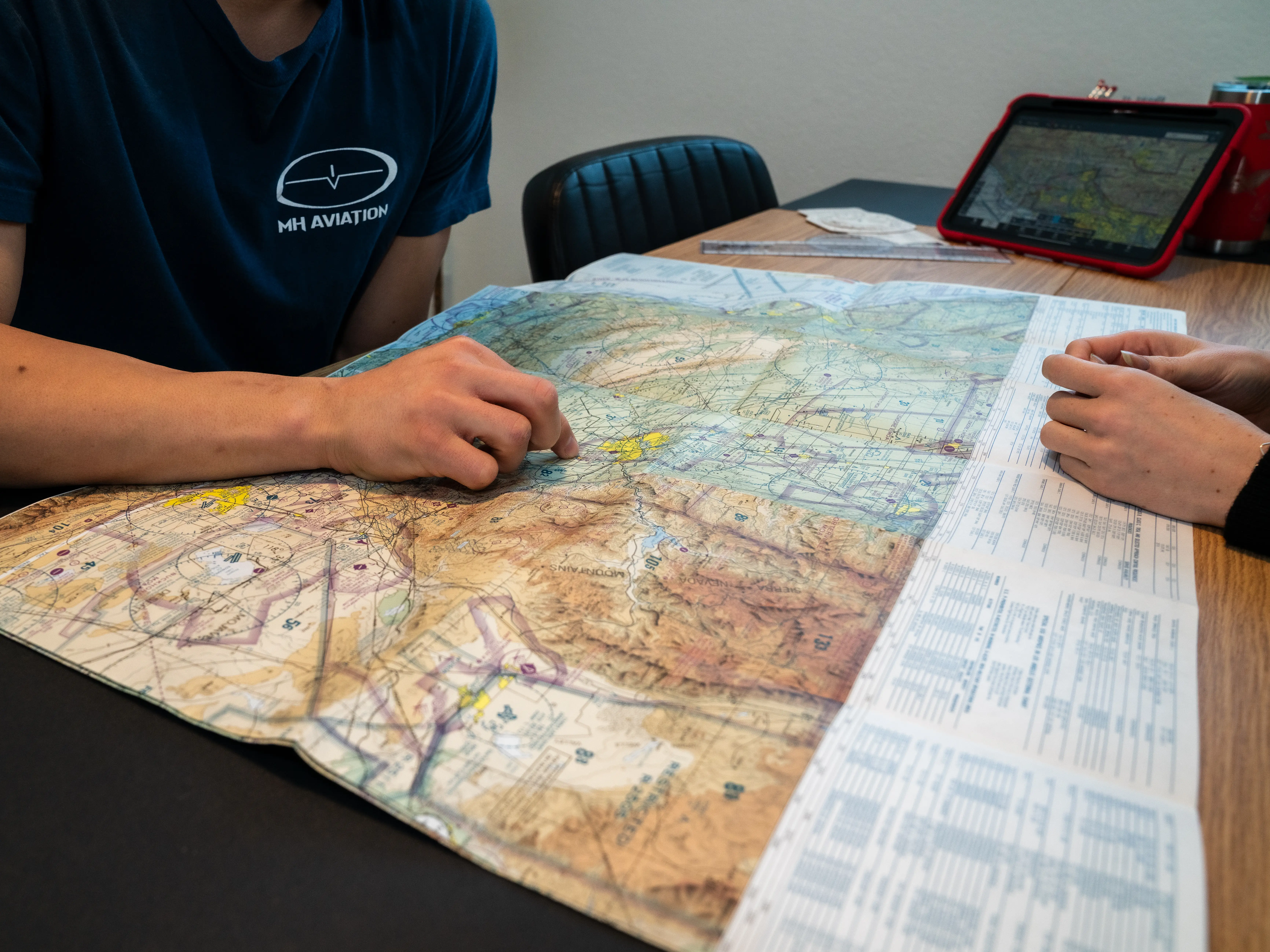 Student and instructor at MH Aviation evaluating map of route at Fox Field